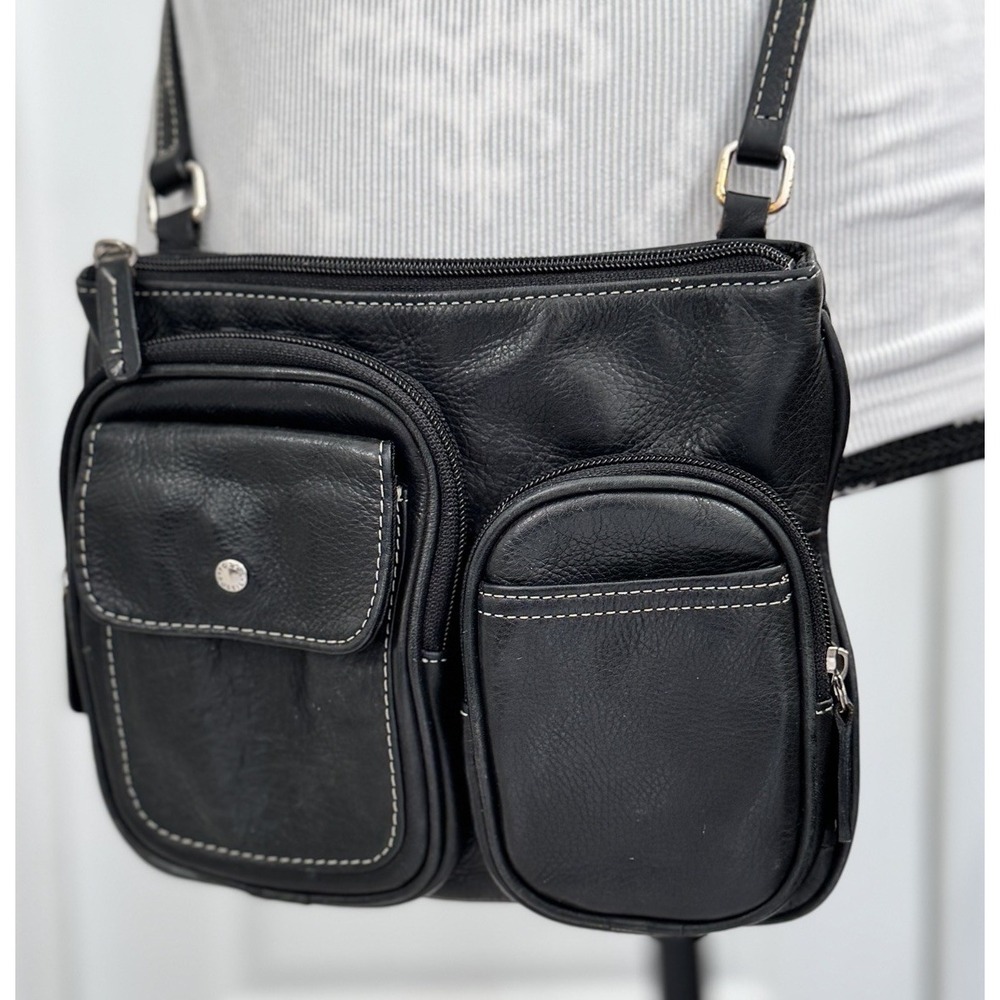 FOSSIL Black Leather Long Live Vintage Crossbody Bag Zip Pockets Explorer